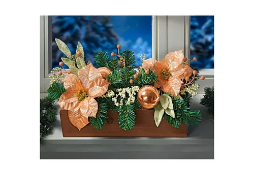 3PAGEN Blumenkasten mit Weihnachtsschmuck 40cm - Wetterfester Blumenkasten mit festlichem Tannengesteck und edlen Kugeln in Rosé-Gold. Ideal für einen eleganten Balkon in der Winterzeit.