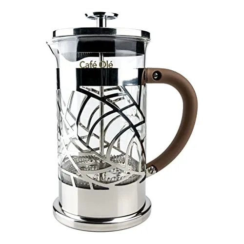 Café Olé Floral Durchsichtiger Kaffeebereiter Kaffeepresse aus Edelstahl 18/10 und Glas 1000 ml 8 Mokkatassen, Silber