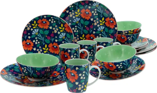 CreaTable 17406 Serie Folklore Blau, 16-teiliges Geschirrset - Kombiservice aus Steinzeug, spülmaschinen- und mikrowellengeeignet, mit fröhlichem skandinavischen Design für jeden Anlass.