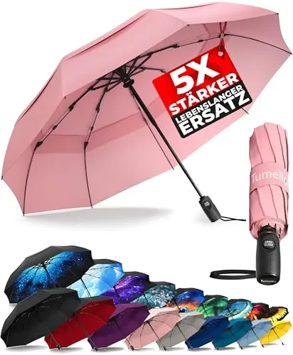 TUMELLA Stärkster sturmfester Reiseschirm (kompakt und hochwertig), kleiner, robuster, aber leichter, tragbarer und automatisch zusammenklappbarer Regenschirm, langlebiger Premium-Griff
