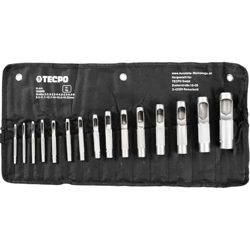 Produktbild TECPO Locheisen-Satz, 15-teilig, Ø 2–22 mm, aus gehärtetem Carbonstahl, präzise Lochungen in Leder, Textilien und Papier, Lochpfeifen, Hohlzylinder, Lochstanzen Werkzeug Set, Lochschneider Satz