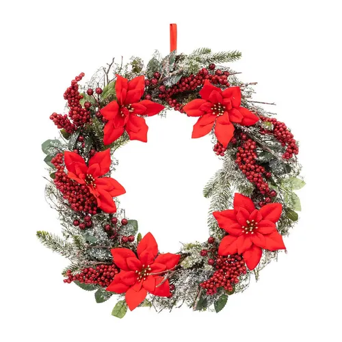 Weihnachtskranz mit Weihnachtssternen, Ø 50 cm - Festlicher Türkranz mit leuchtend roten Weihnachtssternen, ideal für eine stimmungsvolle Weihnachtsdekoration. Robust und wetterfest aus hochwertigem Kunststoff.
