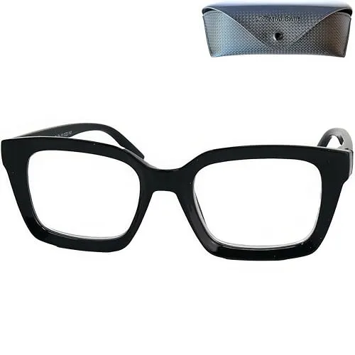 Vintage Anti Blaulicht Brille Lesebrille Dicker Rahmen Quadratisch und großen Gläsern, Etui, Oversize Kunststoff Brillengestell (Schwarz), Blaulichtfilter Brille Damen 2.5 Dioptrien