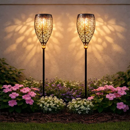 Solarlampe Gartenlampe - 2er Set mit Erdspieß und warmweißem Licht - Lampen für den Außenbereich, spritzwassergeschützt und bis zu 8 Stunden Leuchtdauer, ideal für stimmungsvolle Gartenbeleuchtung.