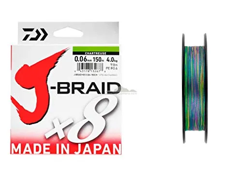Daiwa J-Braid 8 Braid Geflochtene Angelschnur, Mehrfarbig, 300 m - Angelschnüre, hochleistungsfähige 8-strängige Geflochtene aus 100 % Dyneema für maximale Tragfähigkeit und Knotenfestigkeit, ideal für Spinnfischen und Meeresangeln.