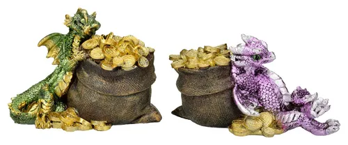 Fantasy-Figur Drachen 2er Set - Schatz Wächter von Figuren Shop GmbH - Bunte Dekofiguren aus Polyresin, ideal für Fantasy-Liebhaber. Perfekt als Blickfang in jedem Raum, Maße: 13x9x8,5 cm.