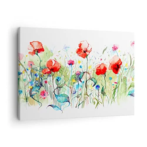 Bilder auf Leinwand Blumen Wiese Blatt Natur Leinwandbild 70x50cm Wandbilder Dekoration Wohnzimmer Schlafzimmer Küche Deko Klein Wanddeko Bild Wand Kunstdruck Art Wall Decor Canvas AA70x50-3076