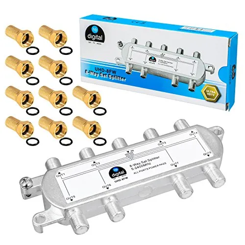 HB-DIGITAL SAT - BK - UKW - Verteiler 8-Fach Splitter (8-Wege) 5-2400 MHz | digital & analog - tauglich | voll geschirmt | SAT DVB-S DVB-S2 FM UKW Kabelfernsehen DVB-C inkl. 10 F-Stecker