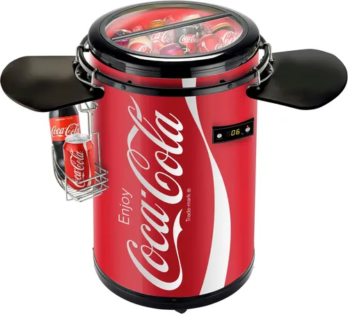 Salco Coca-Cola Partycooler 50L - Mini-Kühlschrank im ikonischen Coca-Cola Design, perfekt für Partys und Events mit großem Fassungsvermögen von 50 Litern für kühle Getränke.
