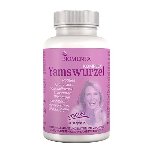 BIOMENTA Yamswurzel Komplex – 120 vegane Wild Yam Kapseln hochdosiert - Synergetischer Wirkstoffkomplex: Rotklee, Granatapfel, Isoflavone, Leinsaat, Rhabarber, Mönchspfeffer, Hyaluron -Premiumqualität
