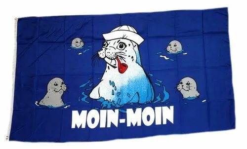 Flagge / Fahne Moin Moin Seehunde Hissflagge 90 x 150 cm in blau von FahnenMax®