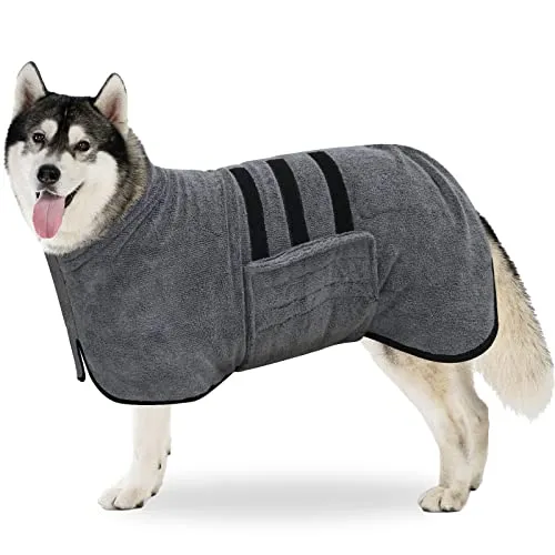 BASVII Hundebademantel aus Mikrofaser, Bademantel Hund Extra SaugfäHig und Schnell Trocknendes mit Klettverschluss und Verstellbarem Schrumpfband, für Große Mittel und Kleine Hunde