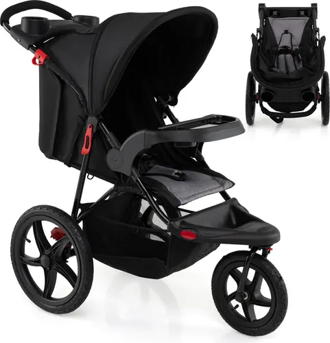COSTWAY Dreirad Kinderwagen, Reisebuggy mit Getränkehaltern, Liegefunktion, Sonnendach & Tablett, Kinderbuggy für Baby von 0-4 Jahren, Schwarz