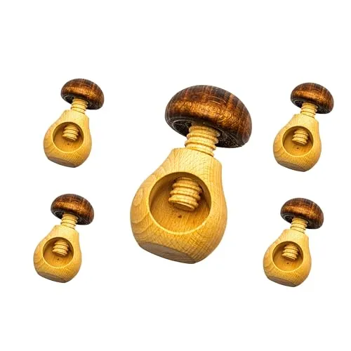 NEUSTANLO | Nussknacker 5er Set | Pilz Design in Braun | massives Buchenholz | Schraubgewinde | klassischer Charme | ideal für Walnüsse und Haselnüsse