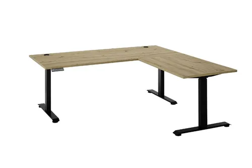 Carryhome Eckschreibtisch Eiche Artisan - Höhenverstellbarer Kinderschreibtisch mit Kabeldurchlass und Memoryschalter, ideal für ergonomisches Arbeiten im Arbeitszimmer.
