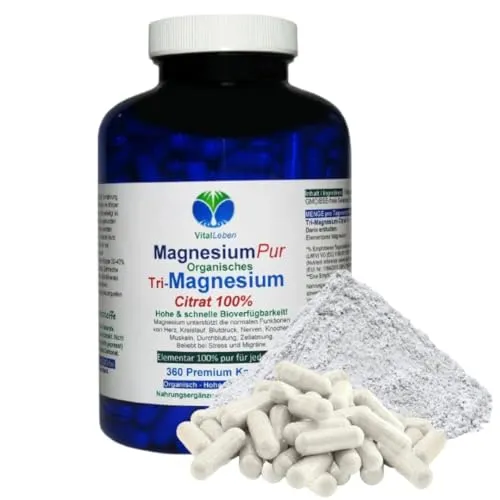Magnesium Citrat 360 Pulver Kapseln – Organisches PREMIUM TRI-MAGNESIUMCITRAT - Hochwertige Kapseln mit 100% organischem Magnesium zur Unterstützung normaler Muskelfunktionen. Ohne Zusatzstoffe, schnell bioverfügbar und ideal für die tägliche Versorgung.