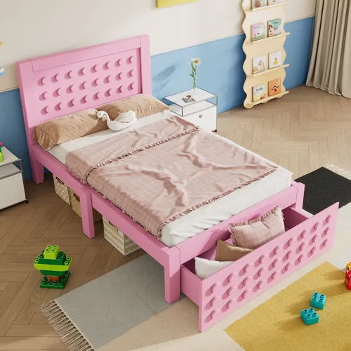 MODFU Kinderbett 90x200,Bettgestell mit Lattenrost,Holzbett mit Schubladen,Jugendbett mit Kreativem Block Design, Ohne Matratze,Rosa
