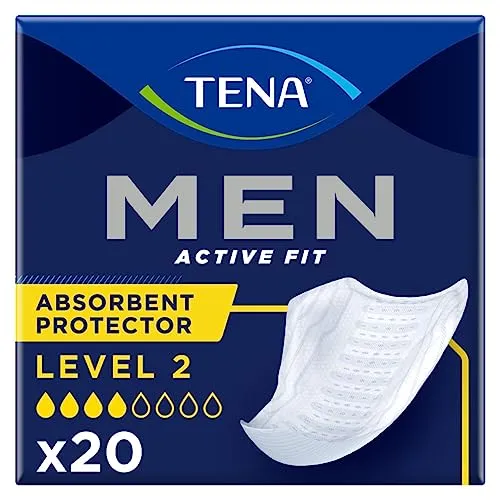 Tena Men Level 2 Einlagen, 20 Stück - Inkontinenzeinlagen mit verbesserten Seitenbündchen für optimale Passform und sicheren Halt dank Klebestreifen, ideal für aktive Männer.