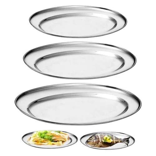 Nizirioo 3 Stück Servierplatte Edelstahl Serviertablett Rundes Tablett Pizzablech Grillschale Tablett Oval Zum Servieren Für Outdoor Camping Picknick Home Party Schlemmerplatte (Silber)