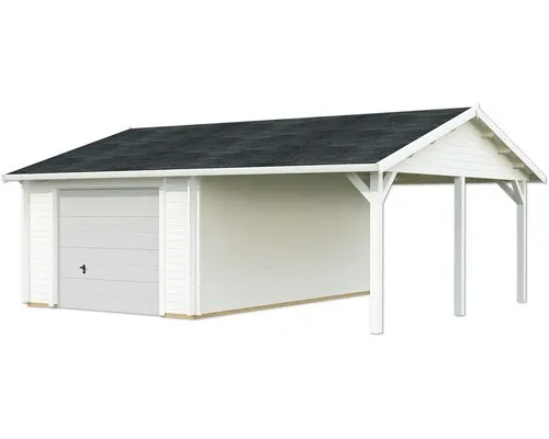 Einzelgarage Palmako Roger 19,0+16,2m² mit Sektionaltor - Gartenhäuser, Geräteschuppen & Carports – Robuste Einzelgarage mit Satteldach, ideal für den sicheren Schutz Ihres Fahrzeugs, in elegantem Weiß.