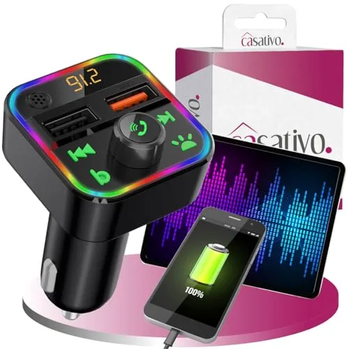 FM Transmitter mit Bluetooth 5 und Freisprechfunktion, USB-A Ladeports, Drahtloser AutoRadio Adapter m. Media Player für den Zigarettenanzünderanschluss