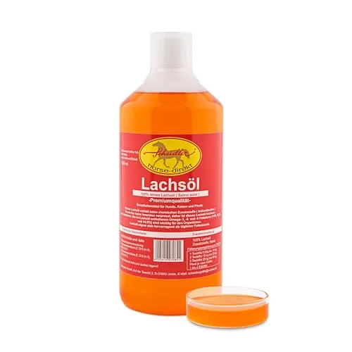 Scheidler horse-direkt Lachsöl für Hunde, Katzen und Pferde, reines Fischöl, Barf Öl ohne Zusätze, reich an Omega-3, 6- und 9-Fettsäuren,(14%, 18,2% und 44,9%) natürliches Einzelfuttermittel, 1 Liter