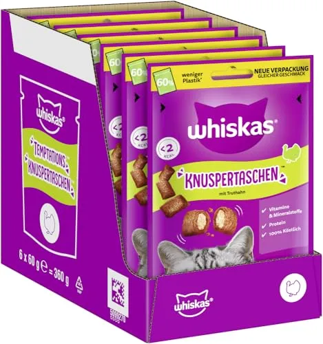 WHISKAS Knuspertaschen Katzensnacks mit Pute 6 x 60g – Knusprige Snacks mit Pute für Katzen