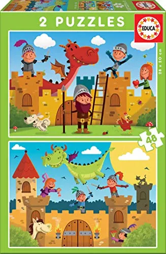 Educa 17151, Drachen und Ritter, 2x48 Teile Puzzle für Kinder ab 4 Jahren