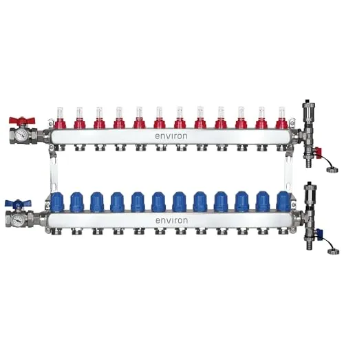 ENVIRON Heizkreisverteiler mit Kugelhahn Set und Schnellentlüfter für Fußbodenheizung - Optimale Wärmeverteilung für bis zu 12 Heizkreise, sorgt für ein angenehmes Raumklima und einfache Installation. Ideal für effiziente Heizsysteme!