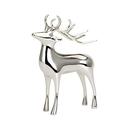 Große stehende Deko XL Rentier Figur - versilberte glänzende Hirsch Geweih Weihnachts-Deko zum Hinstellen Höhe 25 cm