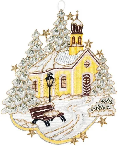 PLAUENER SPITZE ® Fensterbild KIRCHE Weihnachten in gelb von W. Reuter & Sohn - Plauener Spitze®