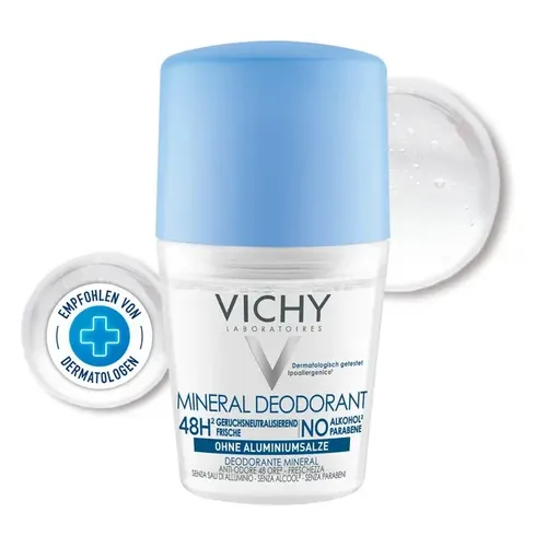 Vichy Deo Roll-on Mineral 48h ohne Aluminium - Deo ohne Aluminiumsalze für empfindliche Haut, mit mineralisierendem Vichy Thermalwasser und 48h Schutz gegen Körpergeruch.