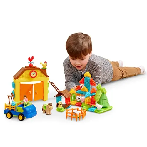 Battat Bausteine Bauernhof Spielzeug Set 67 Teile – Lernspielzeug Bauklötze mit Borsten, Bauernhoftiere, Figuren – Motorikspielzeug Kinder und Baby Spielzeug ab 2 Jahren, Bristle Blocks