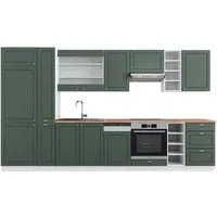 Vicco Küchenzeile Fame-Line, Grün-Gold Landhaus/Weiß, 355 cm - Küchenzeilen mit individueller Gestaltungsmöglichkeit, hochwertige MDF-Fronten und praktische Soft-Close-Scharniere für ein stilvolles Wohngefühl.