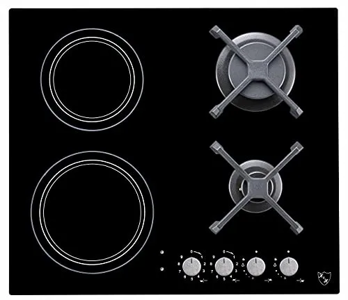 K&H 4 Zonen Hybrid Kombi Kochfeld 60cm - Kochfeld für Erdgas und Flüssiggas, 7200 Watt Leistung, kompatibel mit allen Kochgeschirren. Mit Sicherheitsglas und Gusseisen für optimale Stabilität.