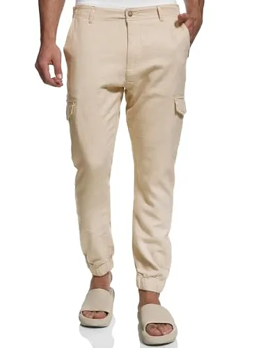 Indicode Herren Booth Cargohose - Wanderhosen aus Leinen & Baumwolle mit 6 Taschen, lässigem Cargo-Stil und elastischen Bündchen für optimale Passform und Komfort.