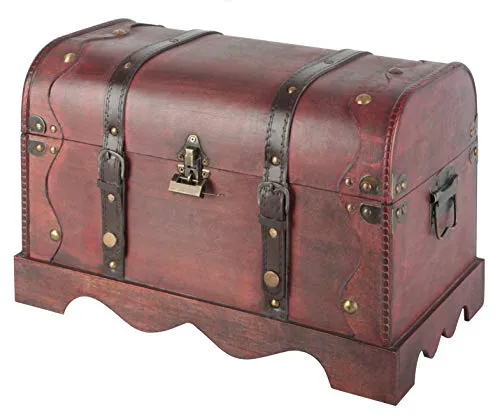 Bingo-Shop Schatztruhe Schatzkiste Holz 40 x 27 x 23,5cm Mit Deckel Verschluss Piratenkiste Geschenk-Box Verschließbar Aufbewahrungsbox Holztruhe Geldtruhe Vintage-Look