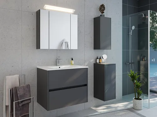 Magnolia Home Badmöbel-Set Taifun 70cm 4tlg mit Spiegelschrank & 2x Badschrank - Elegantes 4-teiliges Badmöbelset in Grafit. Inklusive Spiegelschrank und zwei Badschränken für optimalen Stauraum und stilvolle Gestaltung Ihres Badezimmers.