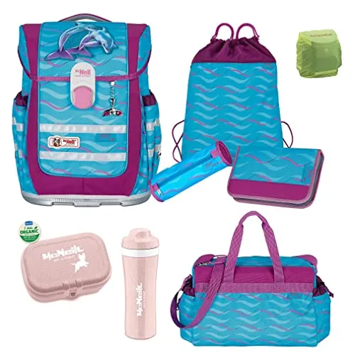 McNeill Schulranzen Mädchen 1. Klasse 9-TLG. Set Ergo Complete Finny Delfin-e - Schultaschen-Set für Mädchen; leicht mit nur 1.150 Gramm und 20 Liter Volumen; inklusive Sporttasche und Regenschutz für einen optimalen Start in die Schule!