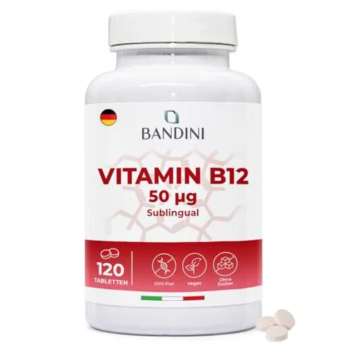 Bandini® Vitamin B12 120 Tabletten sublingual - Cyanocobalamin 50 µg - Vitamine B-12 für Immunsystem, Energiestoffwechsel und Erschöpfung - Lutschtabletten 100% Vegan - Ohne Zusätze, hochdosiert