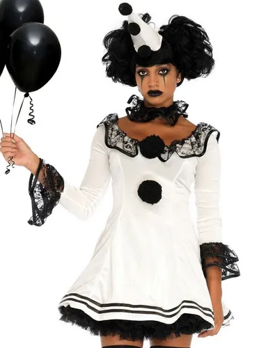 LEG AVENUE Damen Pierrot Clown Kostüm - Erotische Kostüme für Damen, inkl. Kleid, Nackenstück und Hut in elegantem Weiß und Schwarz für unvergessliche Auftritte.