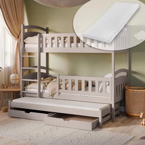Kids Collective Hochbett 90x200 mit Ausziehbett - Flexibles Etagenbett mit Ausziehfunktion, zwei Schubladen und drei Matratzen. Ideal für Geschwister und Übernachtungsgäste, aus massivem Kaschmirholz für maximale Sicherheit und Stauraum.