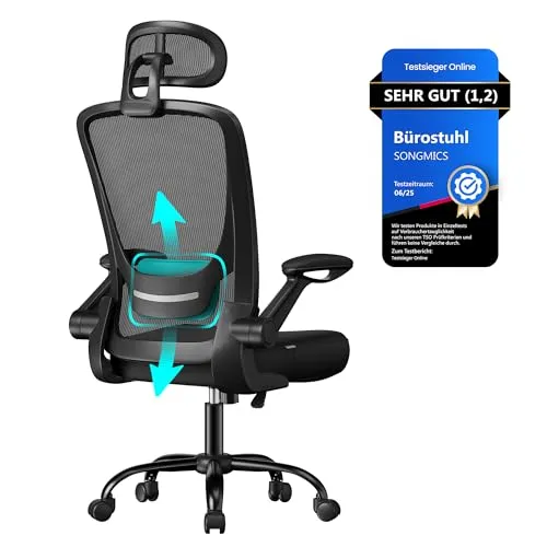 SONGMICS Ergonomischer Bürostuhl mit Mesh, Drehstuhl mit Lenden- und Kopfstütze, klappbaren Armlehnen, Schwarz