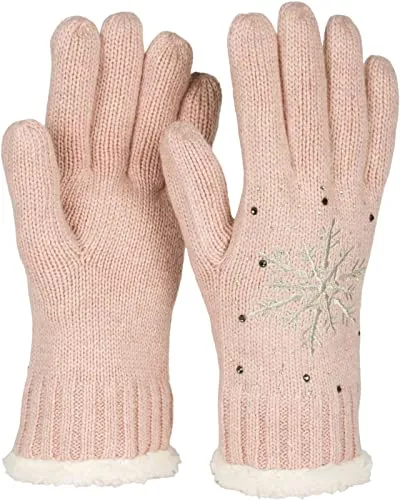 styleBREAKER Damen Handschuhe mit gestickter Schneeflocke, Strass und Fleece, warme Thermo Winter Strickhandschuhe 09010020, Farbe:Altrose