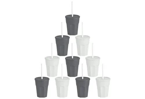 Engelland Becher Wiederverwendbare Plastikbecher mit Deckel und Strohhalm, 0,25 Liter, 10-tlg., Kunststoff, BPA-frei, spülmaschinengeeignet, lebensmittelecht, Temperaturbeständig