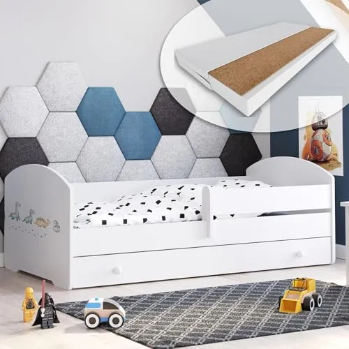 Kids Collective Kinderbett 80x160 cm mit Matratze und Schublade - Kleinkindbett mit Rausfallschutz und Lattenrost im Dinosaurier Motiv, ideal für Jungen und Mädchen von 3 bis 10 Jahren. Praktische Schublade für Ordnung im Kinderzimmer.