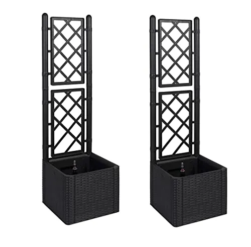 Kreher 2 Stück Rankgitter, Spalier mit Pflanzkasten in Rattan-Design aus robustem Kunststoff in Anthrazit/Grau. Maße BxTxH in cm: 43 x 43 x 142 cm. Topp für Garten, Terrasse und Balkon!