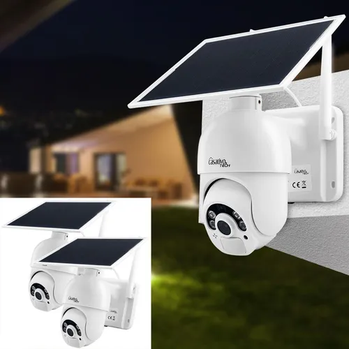 2er-Set Smarte Überwachungskamera mit Pan-Tilt und Solarpanel - Sichern Sie Ihr Zuhause mit diesen kabellosen Full-HD Überwachungskameras. Mit Pan-Tilt-Funktion und Nachtsicht für optimale Überwachung, sogar bei Dunkelheit. Die integrierten Solarpanels sorgen für eine nachhaltige Energieversorgung.