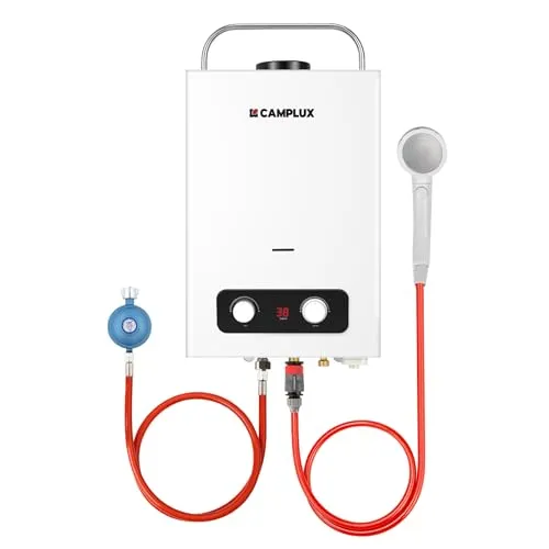 CAMPLUX BD158-DE Gas-Durchlauferhitzer mit Griff, 6 Liter, LPG-Durchlauferhitzer für Campingdusche/Wohnwagen/Waschpferd, 50 mbar