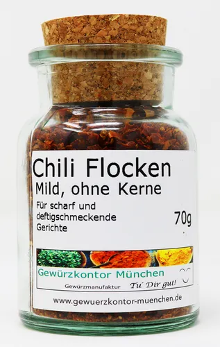 Chiliflocken mild ohne Kerne 70g Glas Gewürzkontor München